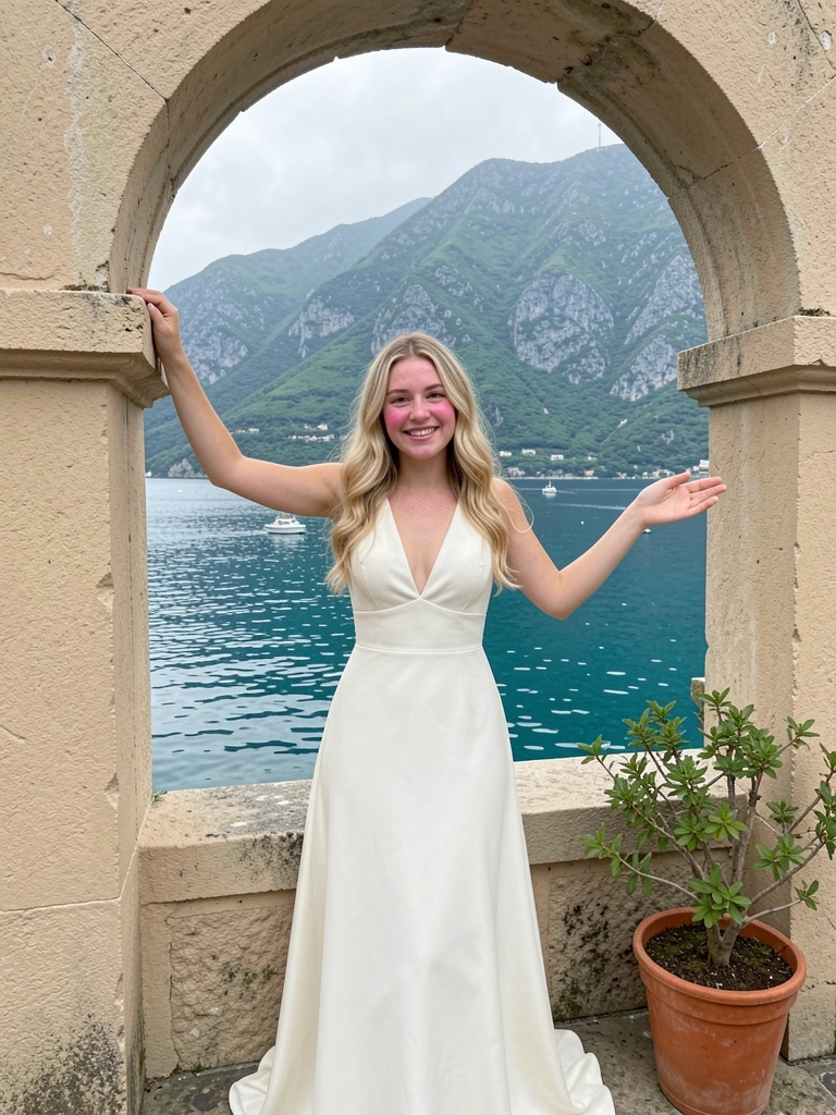 Vestido evasê branco liso em crepe, modelo em pé com braços levemente abertos.