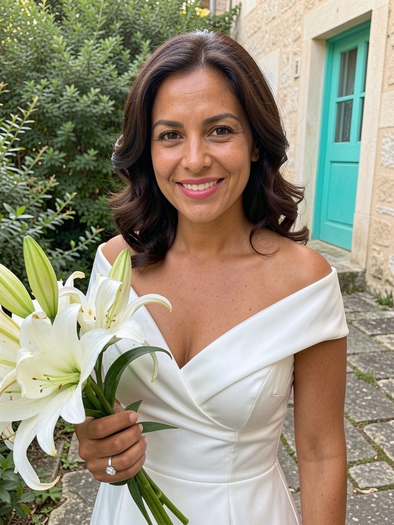 Noiva de costas usando vestido reto branco com alças finas, decote destacado.