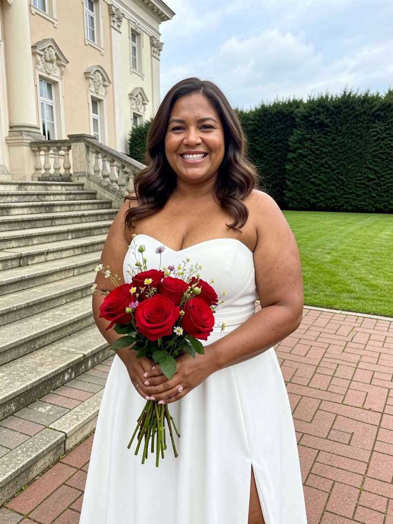 Noiva plus size com vestido evasê branco e buquê de flores do campo.