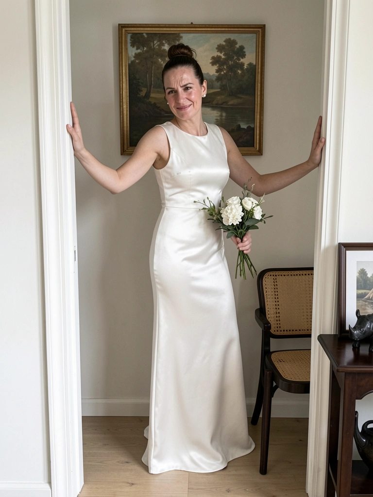 Noiva com vestido liso reto, brincos pequenos de pérola e buquê minimalista.