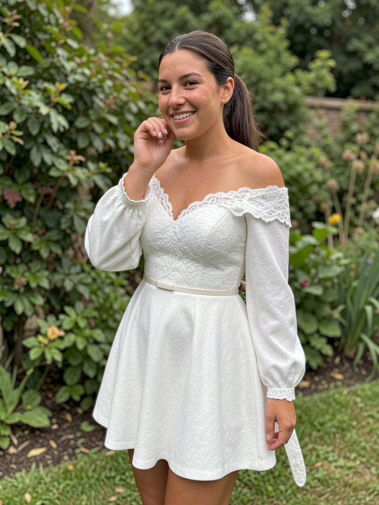 Noiva sorrindo em jardim, vestindo vestido ombro a ombro de zibeline com cauda curta.