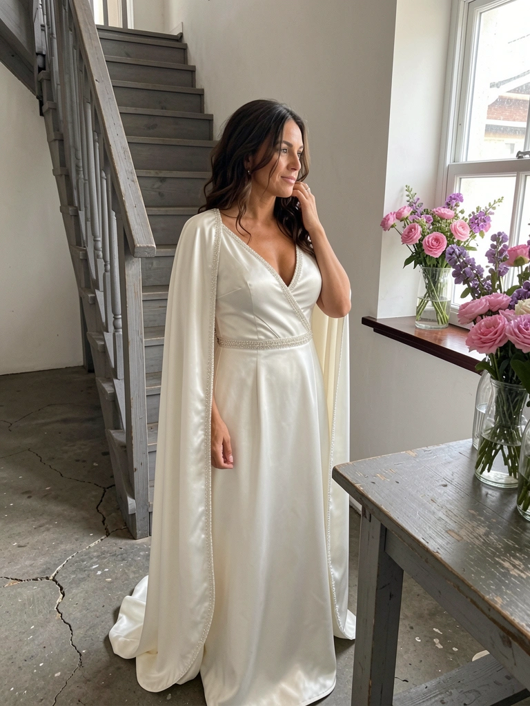Mulher em vestido evasê branco liso em crepe, em pé com braços levemente abertos.