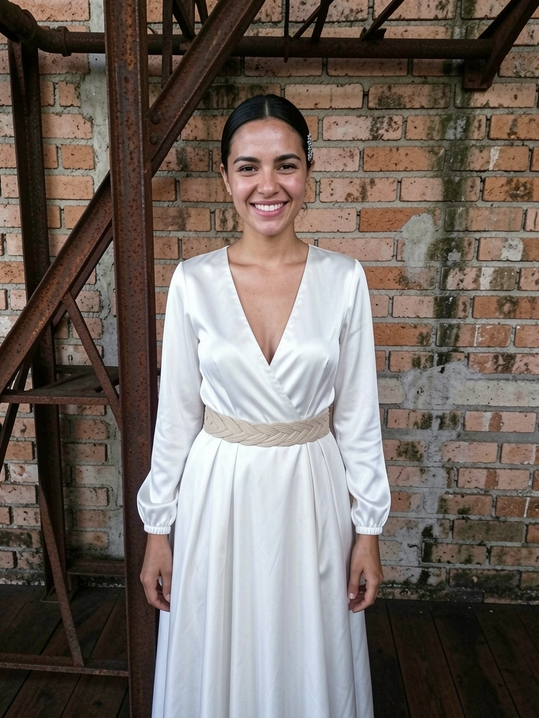 Noiva saindo de cartório com vestido curto reto e véu curto, segurando buquê.