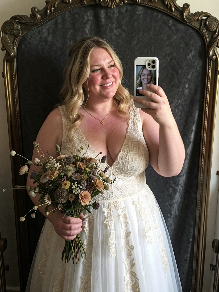 Noiva plus size em vestido evasê branco segurando buquê de flores do campo.