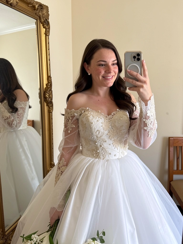 Noiva com vestido liso reto, brincos pequenos de pérola e buquê minimalista.