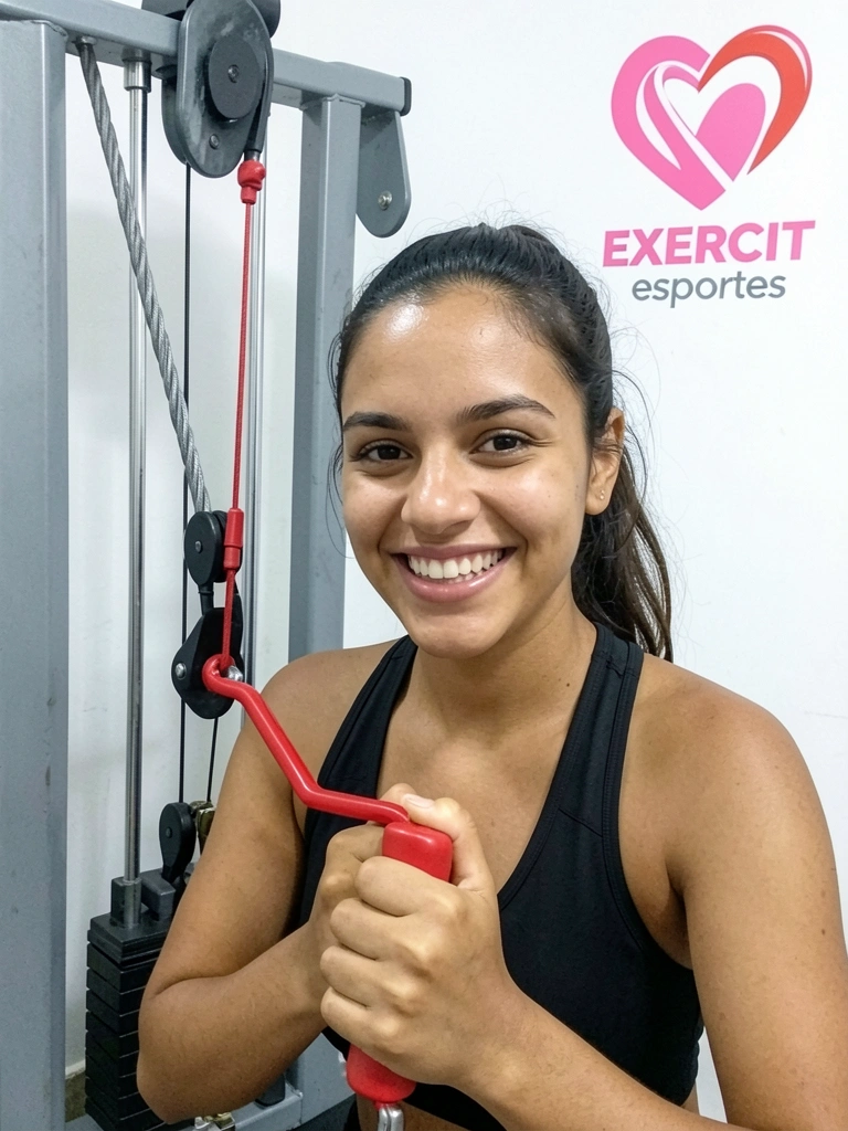 Mulher jovem segura cabo de polia e sorri, com equipamentos de academia ao fundo.