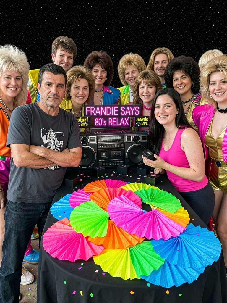 Grupo de amigos com roupas coloridas, ombreiras, cabelos volumosos e acessórios típicos dos anos 80.