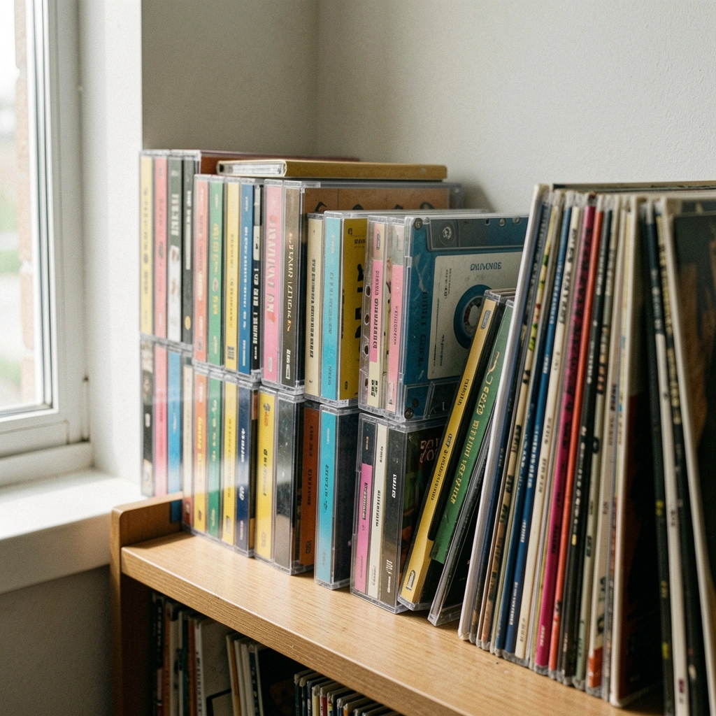 Estante com fitas K7 coloridas e discos de vinil apoiados, alguns na parede.