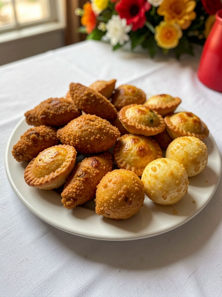 Bandeja com coxinhas, empadas e bolinhas de queijo fritos.