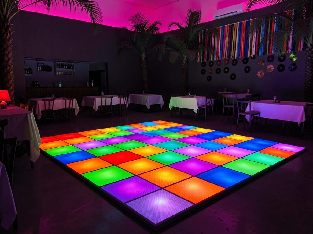 Parede decorada com cortina de fitas coloridas e discos de vinil pendurados.
