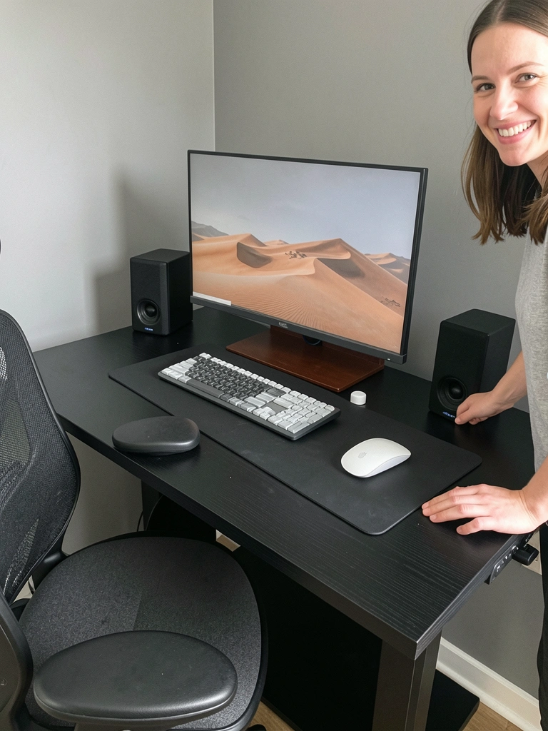 Plataforma elevada sobre mesa de escritório com monitor, teclado e mouse, pessoa ao lado ajustando a altura.