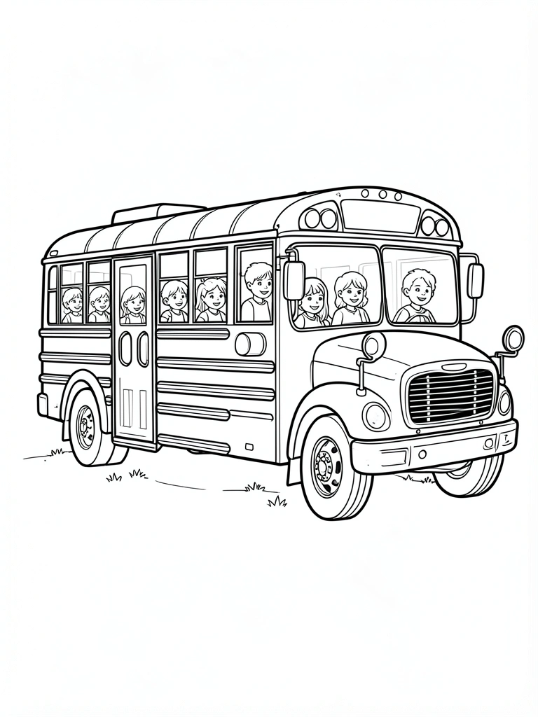 Desenho de ônibus escolar amarelo com crianças, contornos pretos para colorir.