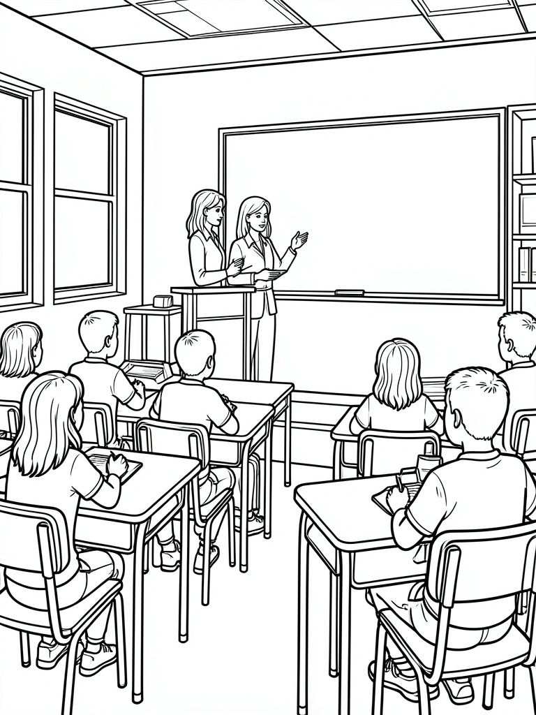 Desenho em preto e branco de sala de aula com professora e alunos sentados, para colorir.