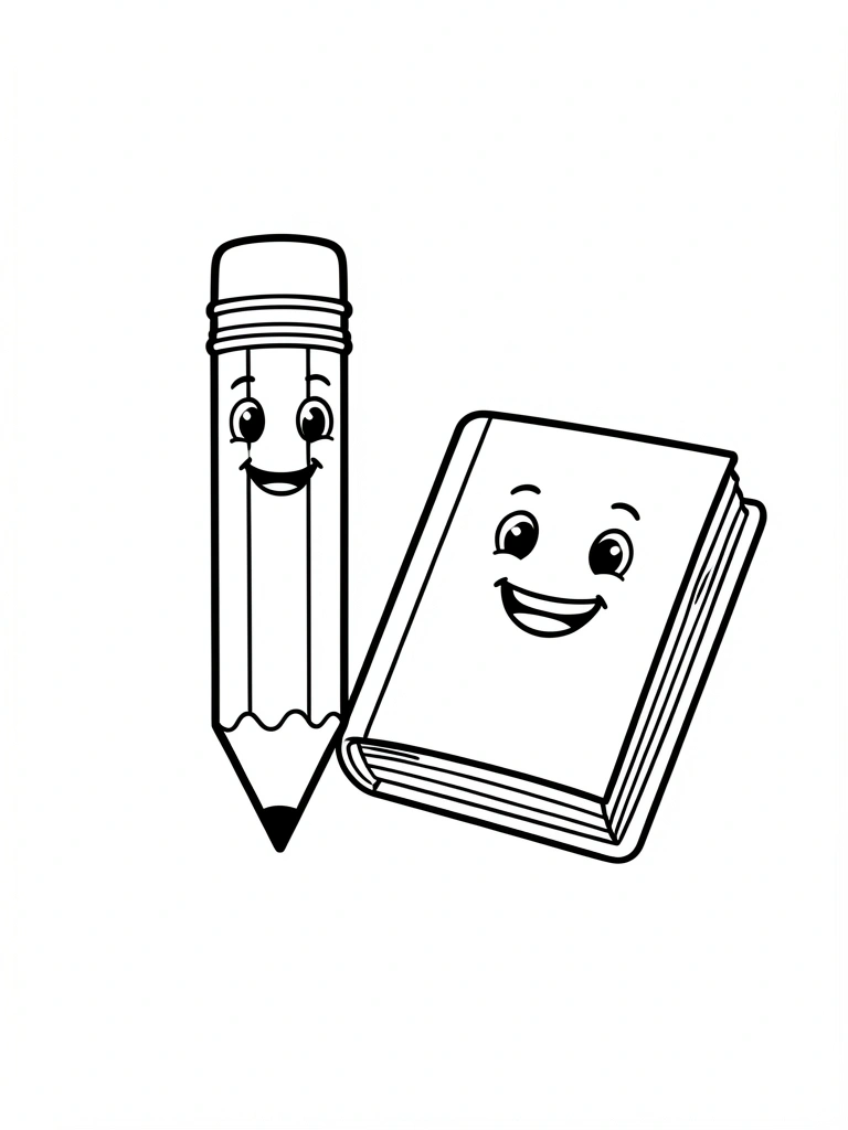Desenho em preto e branco de um lápis e um livro com rostos sorridentes, pronto para colorir.