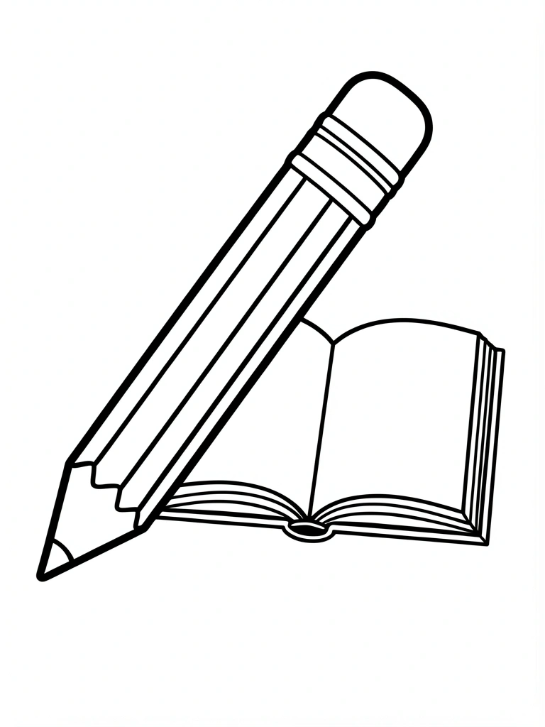 Lápis grande e livro aberto com contornos grossos, prontos para colorir.