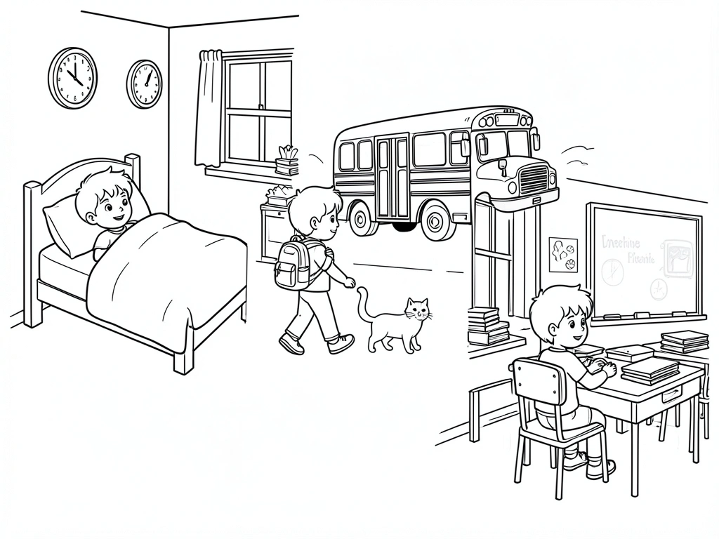 Sequência de quatro desenhos infantis para colorir: criança acordando, pegando ônibus, na sala de aula.