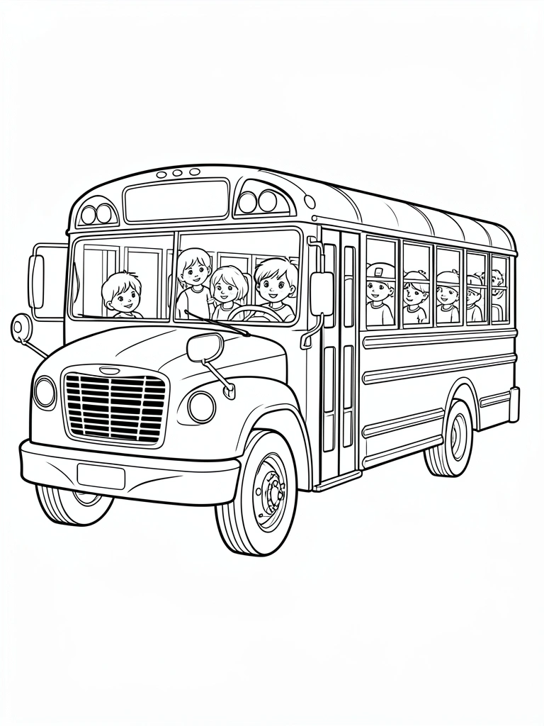 Desenho de ônibus escolar amarelo com crianças, contornos pretos para colorir.