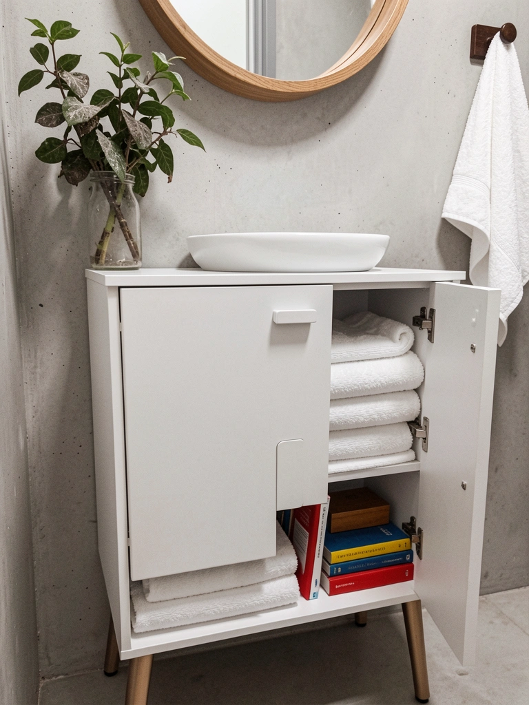 Gabinete de banheiro com cuba de cerâmica e nicho lateral para toalhas, com plantas decorativas ao lado.
