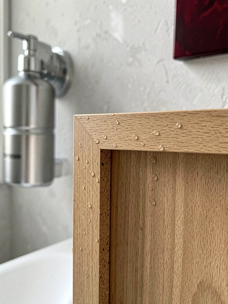 Detalhe da borda de MDF com textura de madeira e gotas d