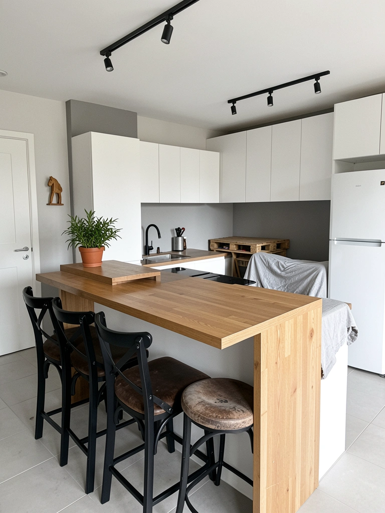 Ilha de cozinha com bancada desnivelada, parte mais alta com pia e cooktop, parte baixa com banquetas, integrada à sala.