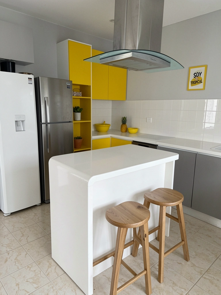 Cozinha compacta com ilha estreita, duas banquetas e armários ao fundo.