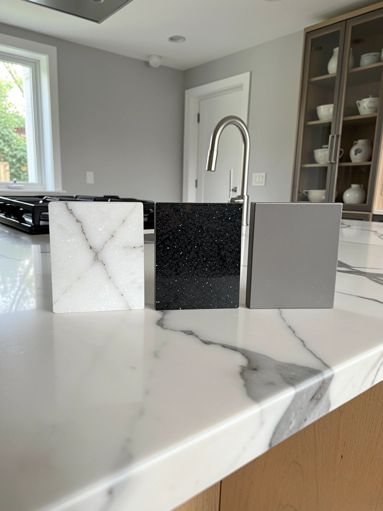 Três amostras lado a lado: quartzo branco, granito preto e porcelanato cinza.