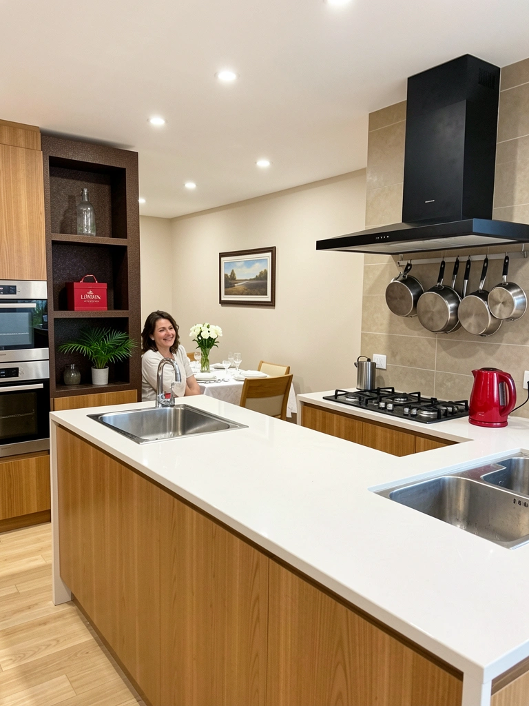 Cozinha americana com ilha central, sala ao fundo e pessoas sentadas em banquetas.