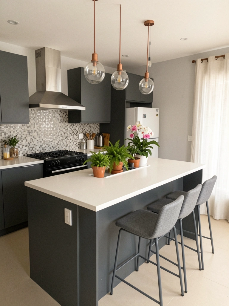Ilha modular Madesa Glamy em cozinha com portas brancas e puxadores de metal.
