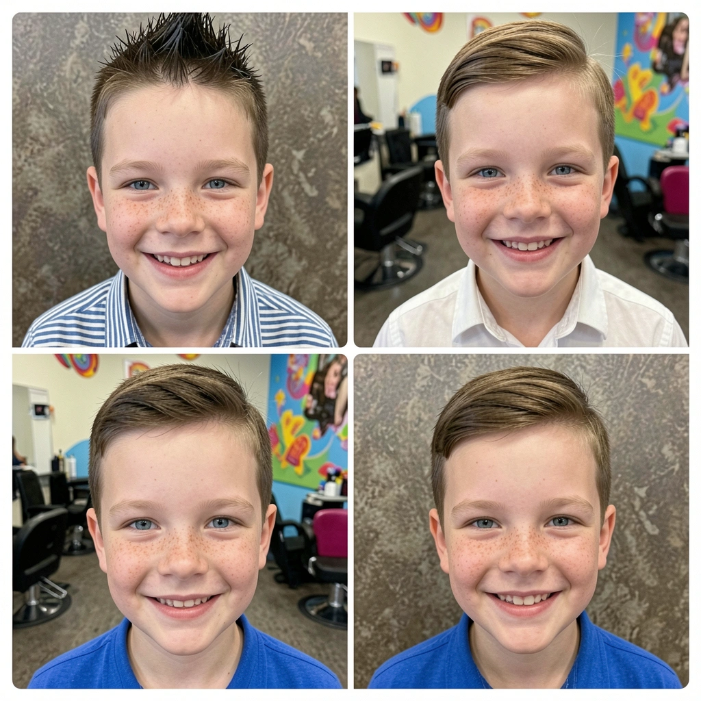 Criança com cabelo moicano estilizado sorri em salão colorido.