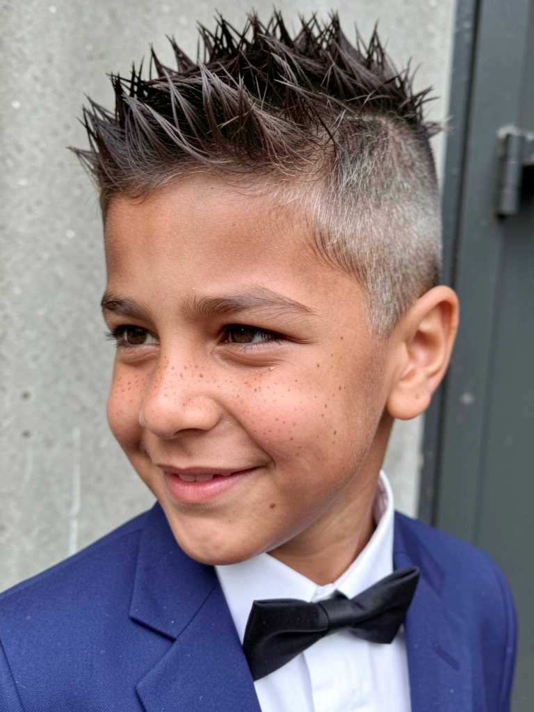 Menino vestindo terno social, cabelo penteado para trás e gravata borboleta.