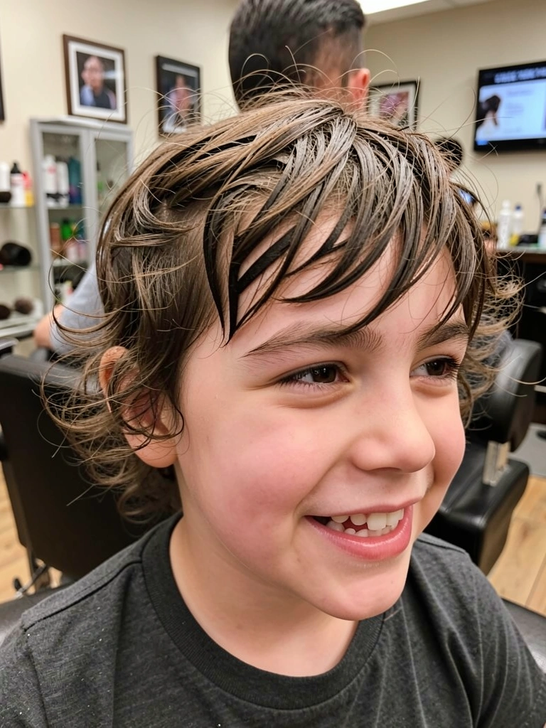 Menina com cabelo cacheado em camadas e franja desfiada sorrindo.