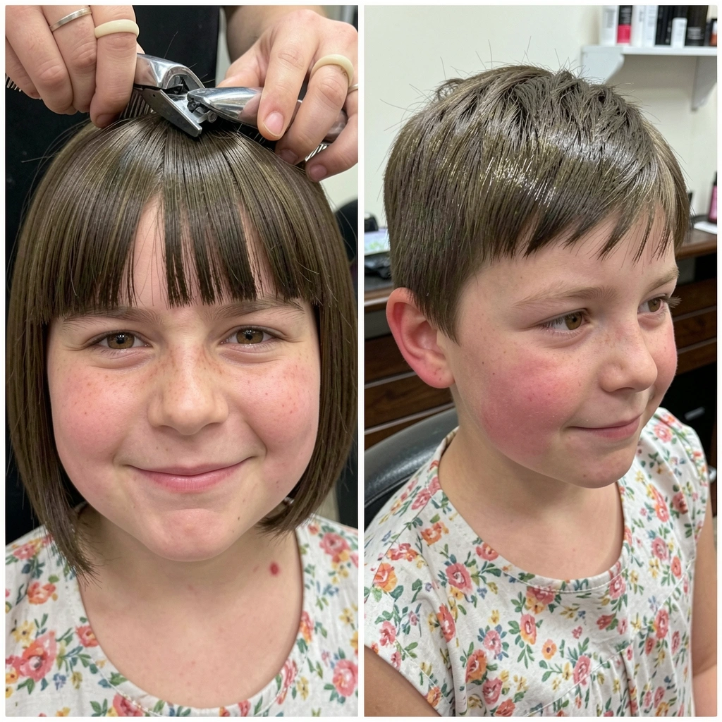 Menina com cabelo reto na altura do queixo, franja reta e vestido florido.
