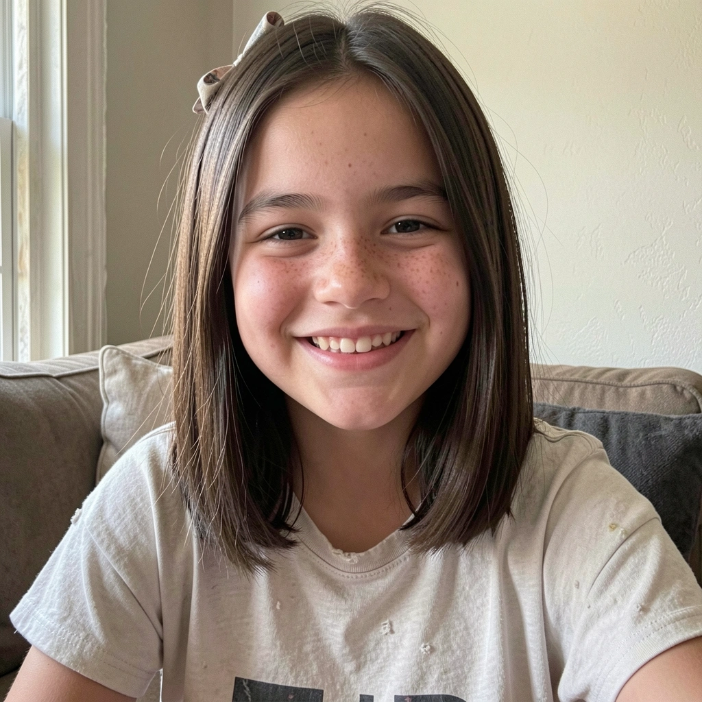 Menina com cabelo liso na altura dos ombros, pontas leves e laço no cabelo.
