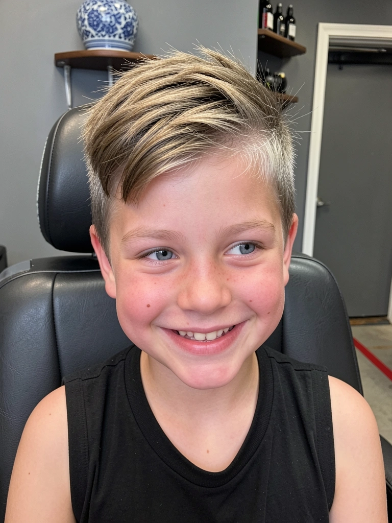 Criança com cabelo cacheado volumoso em camadas sorrindo.