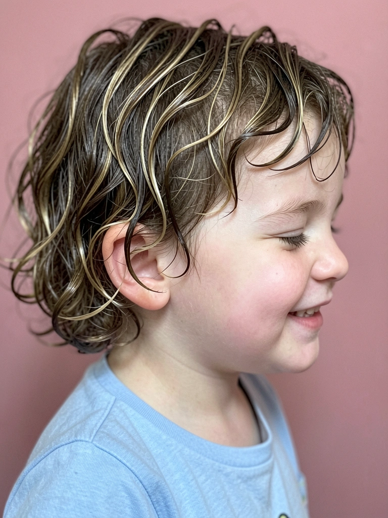 Criança com rosto redondo e cabelo curto com volume no topo, sorrindo.