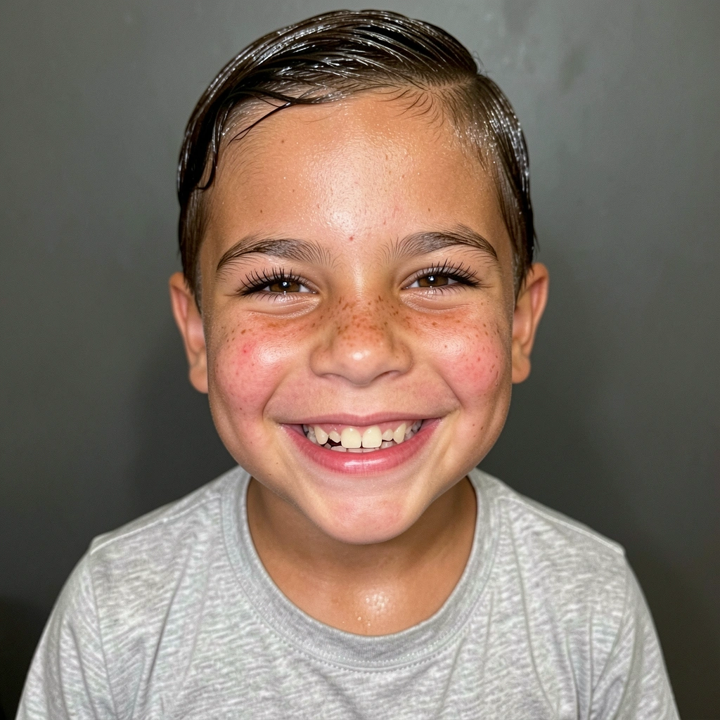 Criança usando camisa social e cabelo penteado com gel, preparada para uma festa.