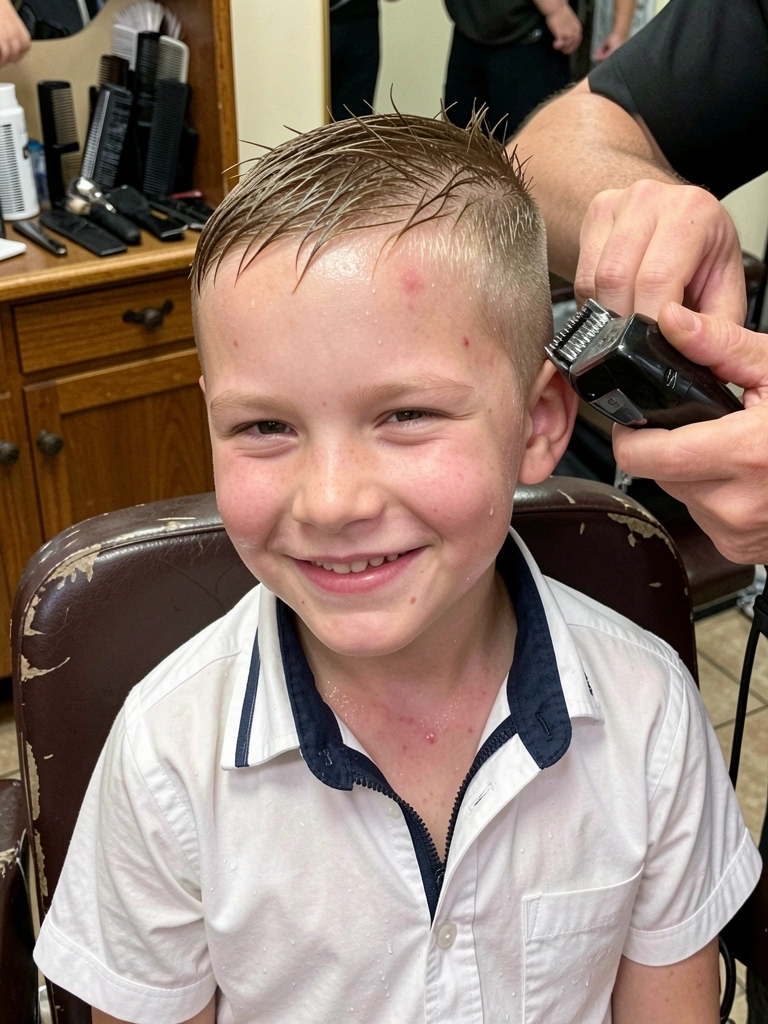 Menino sentado em cadeira de barbeiro com capa, cabelo com degradê lateral, barbeiro usando máquina.
