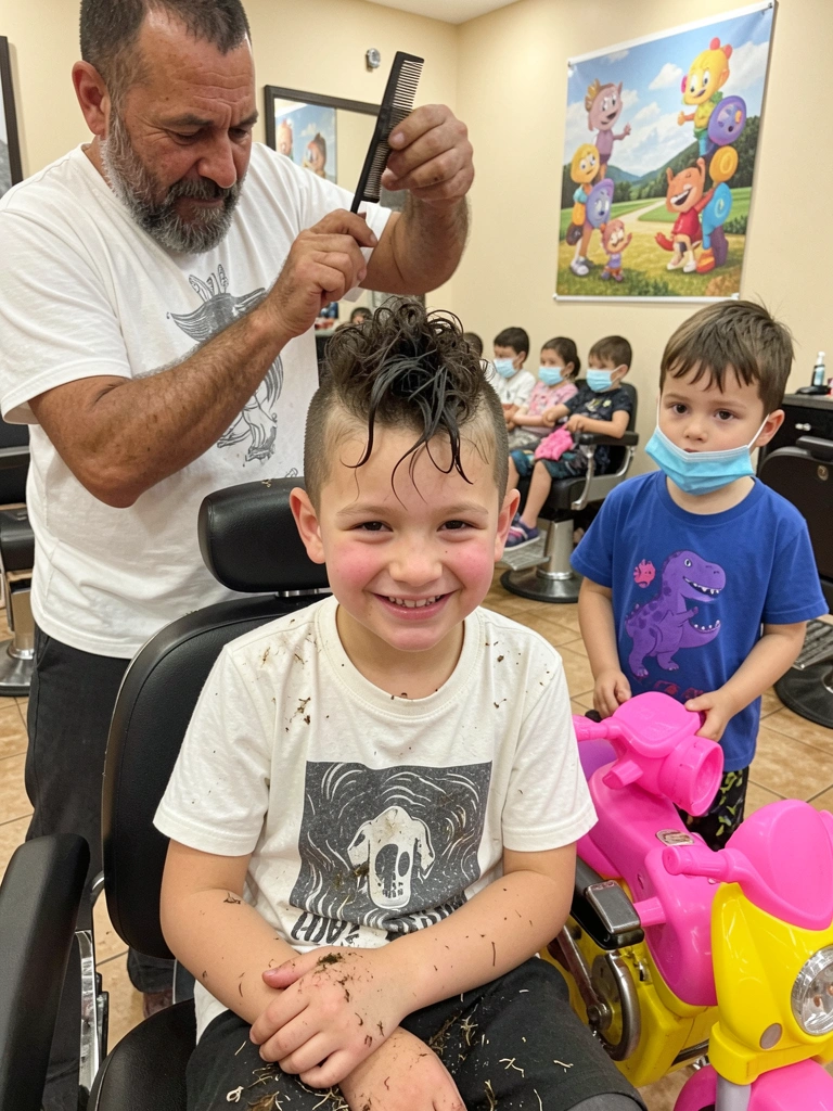 Criança com cabelo moicano estilizado sorrindo em salão colorido.
