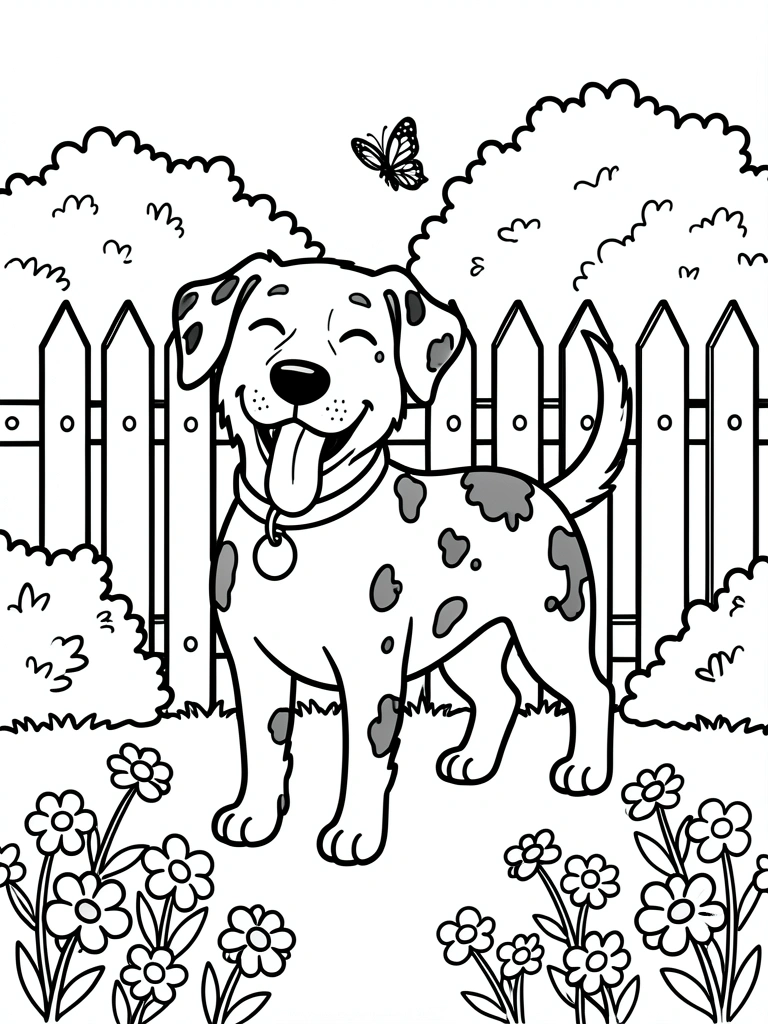 Cachorro cartoon de linha grossa, olhos grandes e cauda levantada, fundo branco.