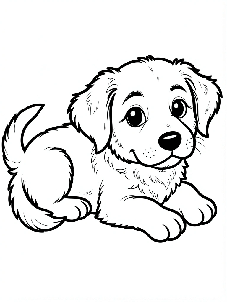 Cachorro cartoon com orelhas caídas, patas arredondadas e contornos pretos grossos, sem fundo.