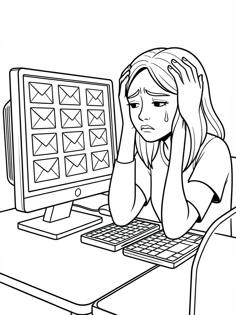 Jovem sentada em frente ao computador, segurando a cabeça com as mãos, com 47 e-mails não lidos na tela.