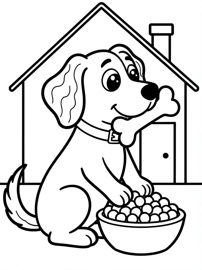 Cachorro sentado segurando um osso grande na boca, desenho com linhas pretas grossas em fundo simples.