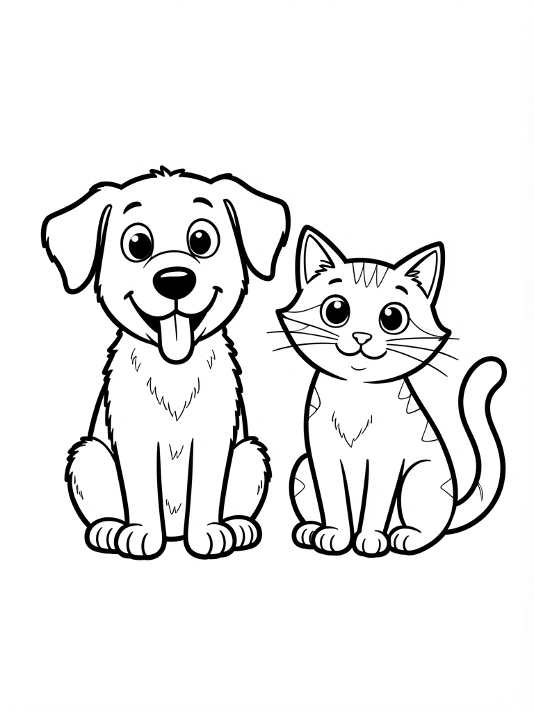 Cachorro e gato cartoon lado a lado, olhando para frente, sem fundo.