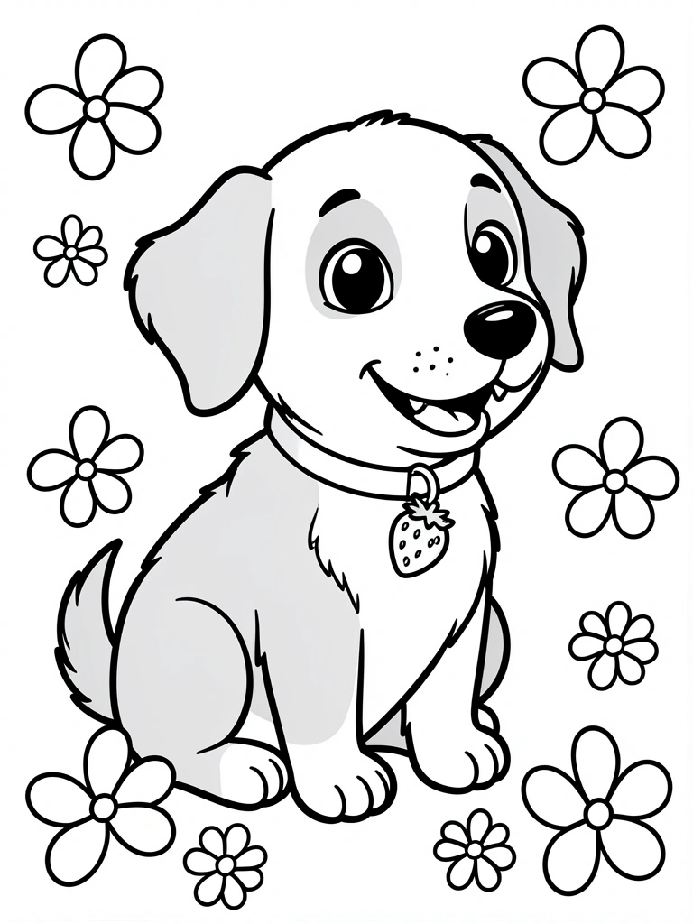 Cachorro cartoon de linha grossa, olhos grandes e cauda levantada, fundo branco.