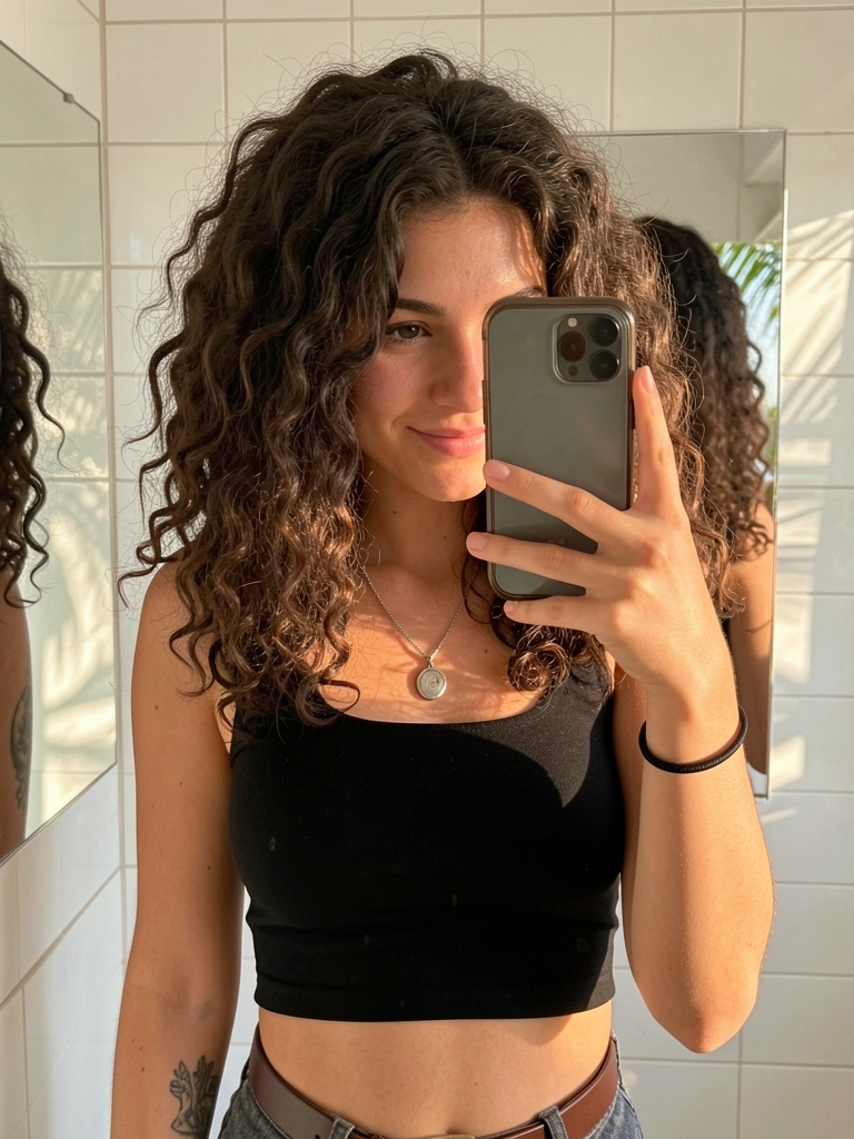 Jovem de cabelos castanhos escuros cacheados em corte wolf segurando smartphone para selfie, blusa preta, colar de prata, cinto marrom, pulseira preta, tatuagem no antebraço, parede de azulejos brancos e espelho refletindo, luz natural.
