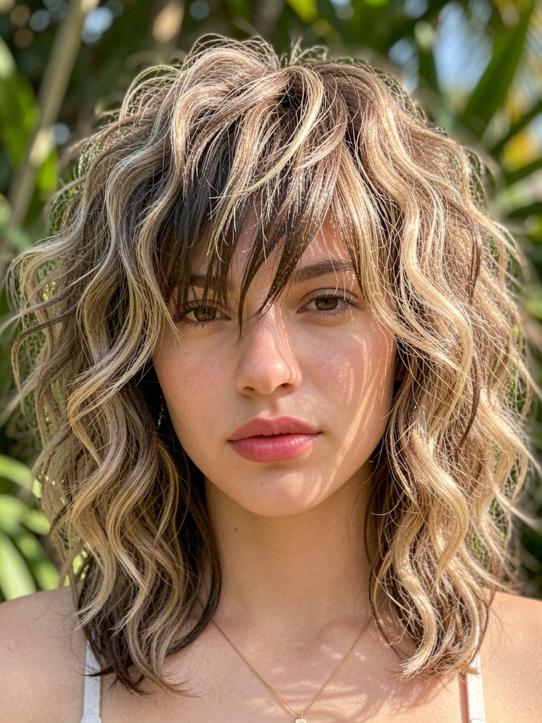 Jovem de cabelos cacheados volumosos com corte wolf cut e franja texturizada, colar dourado fino e lábios rosados, fundo desfocado com folhagem verde e luz solar salpicada.
