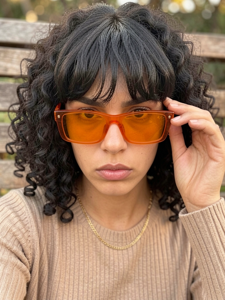 Mulher de cabelo cacheado escuro com franja, óculos de sol retangulares alaranjados, suéter bege canelado e colar de ouro fino, sentada em banco de madeira com luz natural difusa e fundo desfocado.