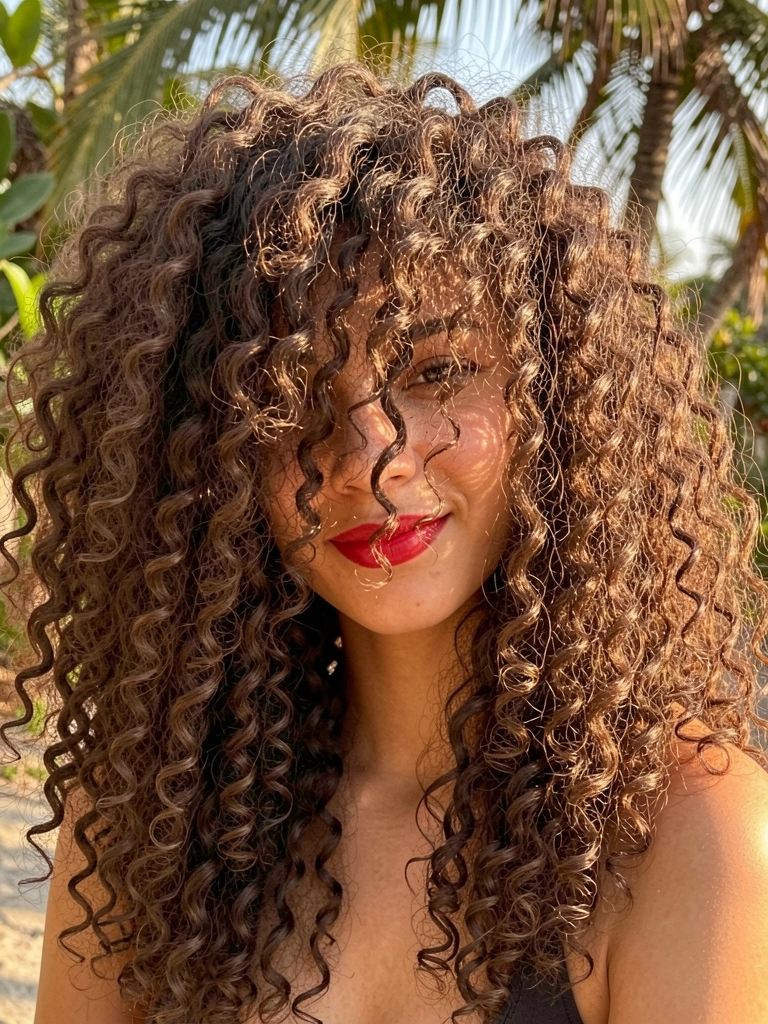 Cabelo crespo castanho-escuro em wolf cut volumoso, luz natural filtrada realçando os cachos, rosto parcialmente coberto com olhar caloroso e batom vermelho.