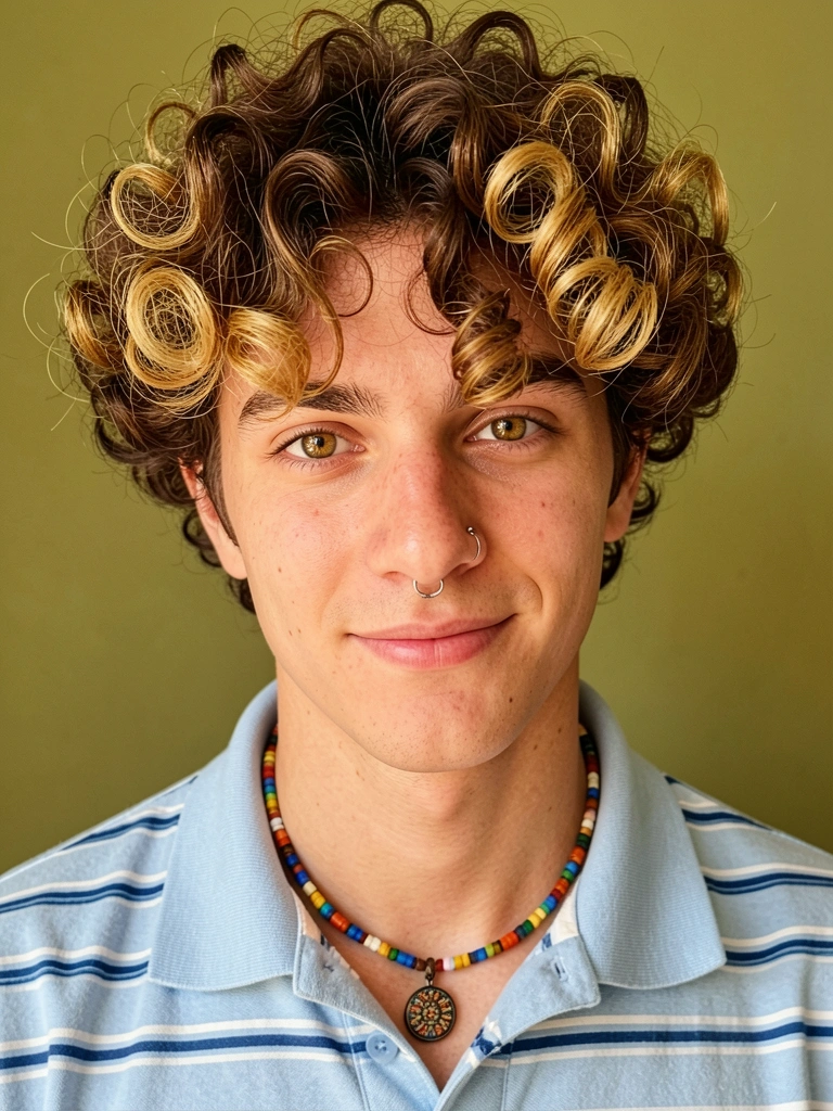 Jovem com cabelo cacheado castanho e dourado, olhos avelã, piercing no nariz, camisa polo listrada azul e colares de miçangas e botões, fundo verde.