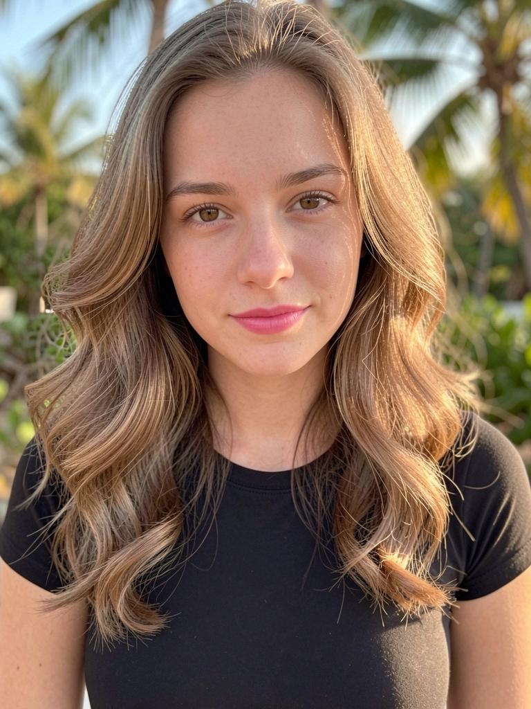 Jovem de cabelos ondulados e batom rosa, camiseta preta, luz natural suave e fundo desfocado com tons tropicais.